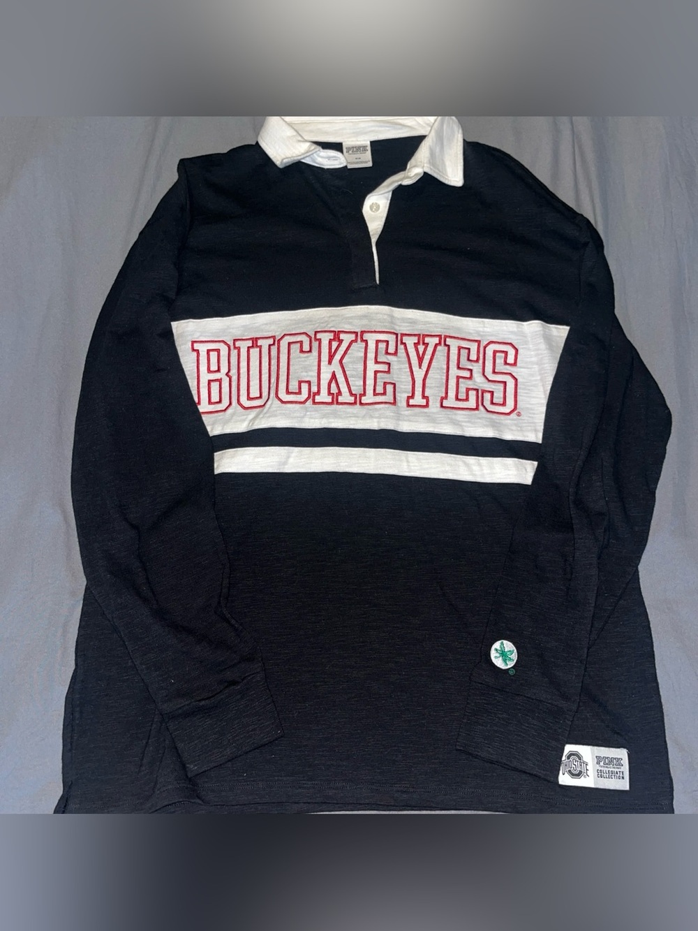 PINK Buckeyes Black & White Rugby Shirt with Red Lettering